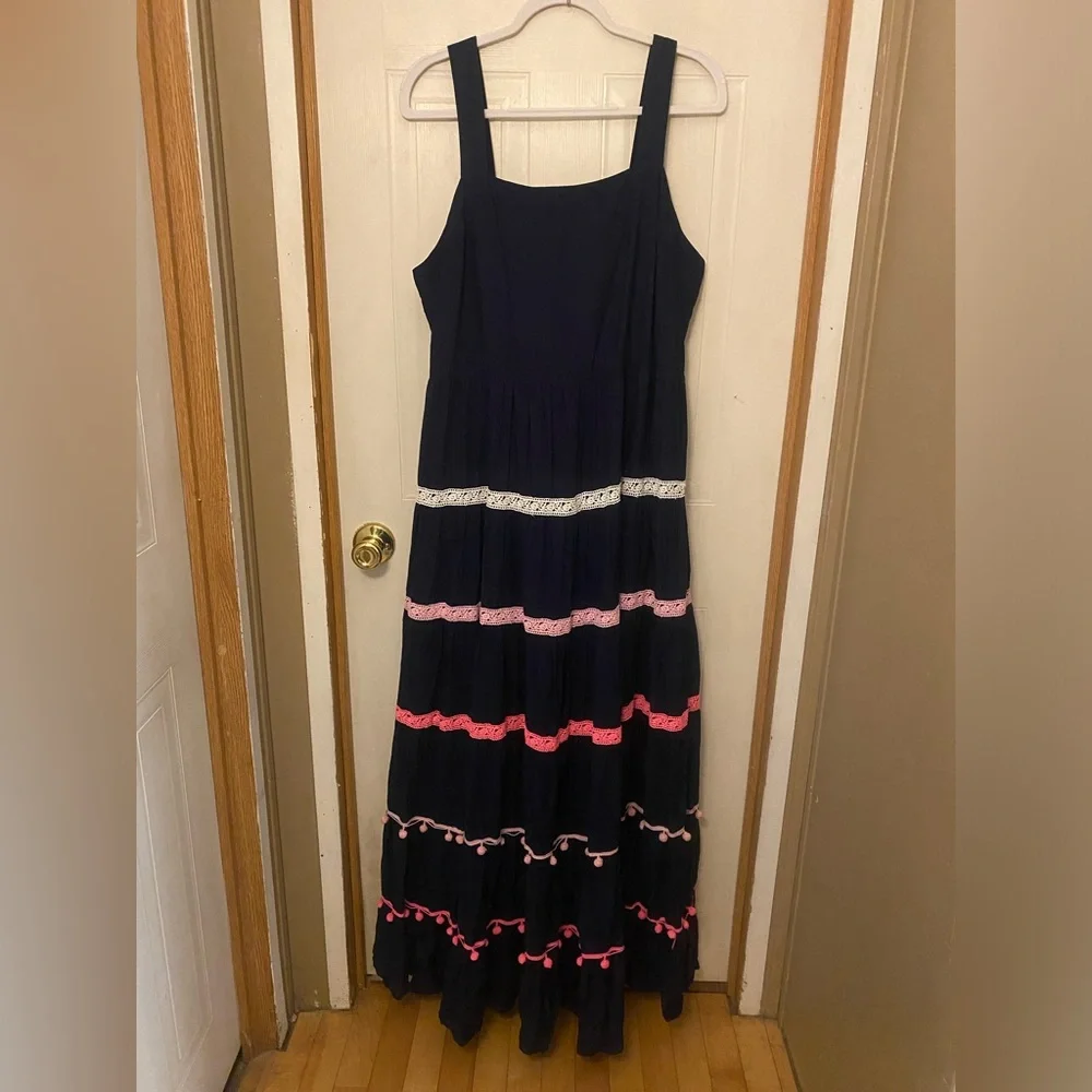 Crown & Ivy Navy Tiered Maxi Dress with Pink & White Trim with Pom Poms - Picture 2 of 7